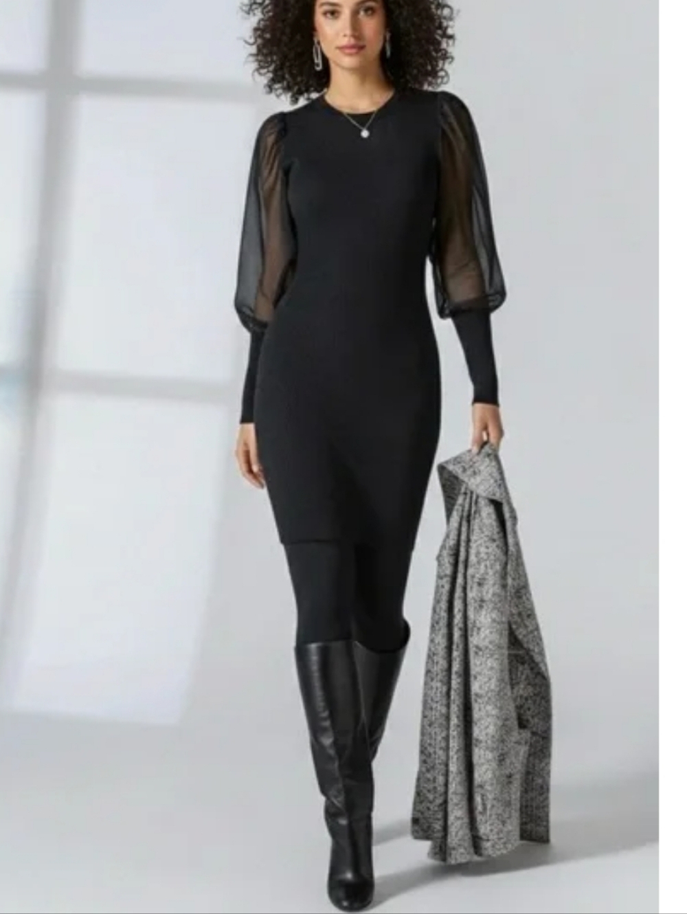 Cabi Black Ribbed Fitted Sheer Long Sleeve 4455 Duet Dress XL